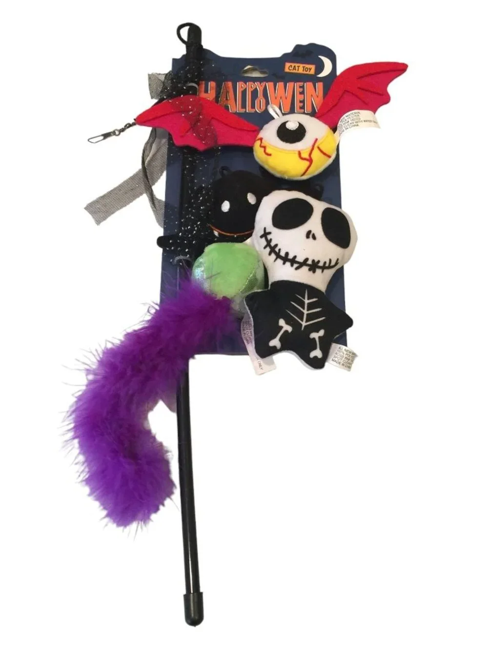 Happy Halloween Cat Toy Stick with Flying Eyeball Skeleton Spider Ball with Feat